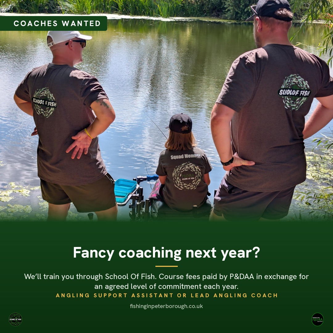Two P&DAA coaches in School Of Fish shirts on the bank with a junior angler.
